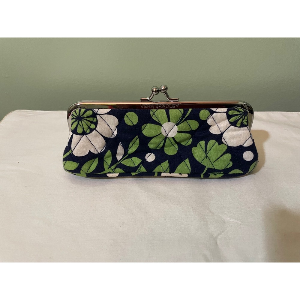 Vera Bradley Floral Quilted Kiss Lock Eyeglass Case Navy Green White